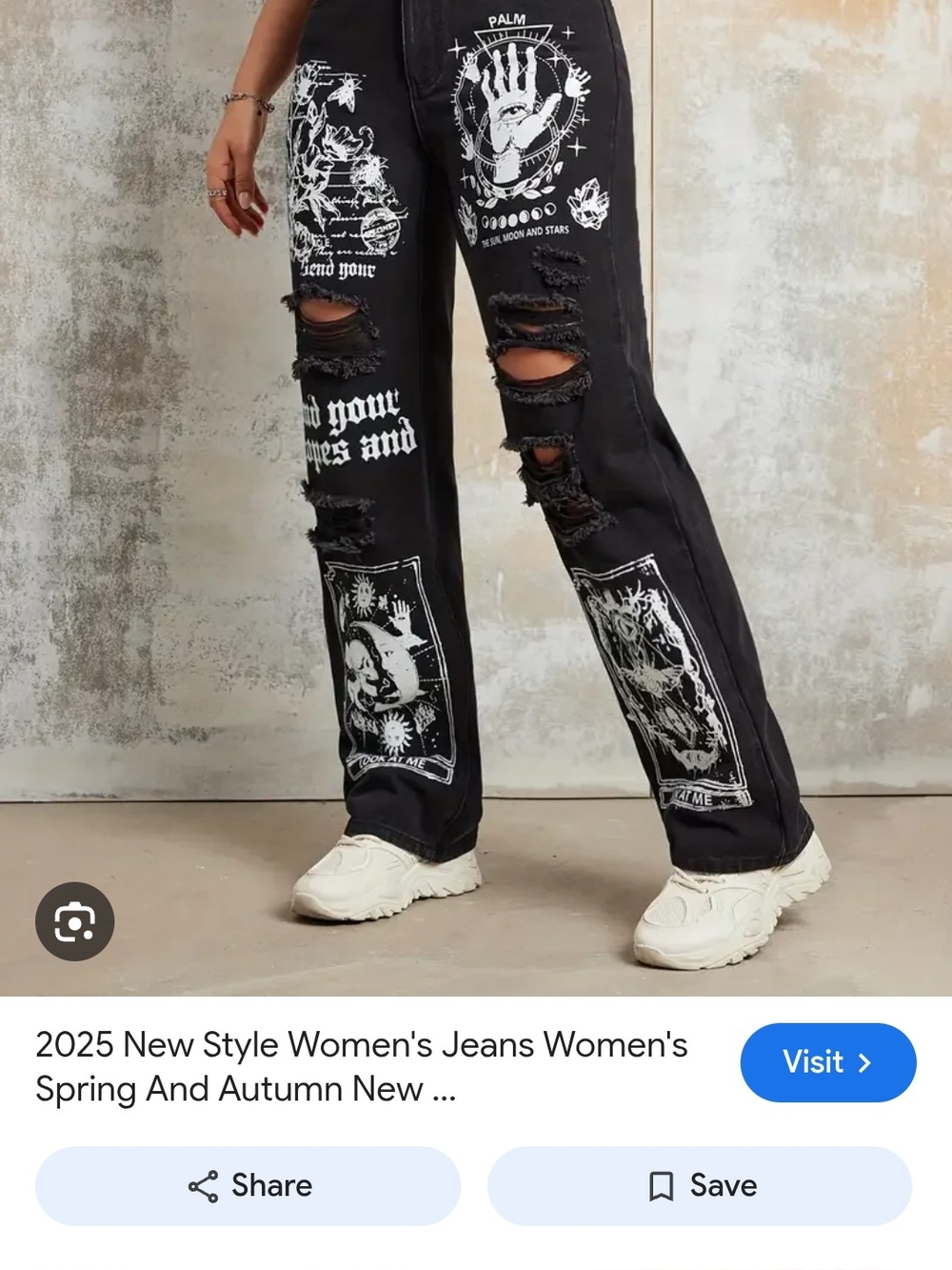 ROMWE Black Wide-Leg Ripped Graphic Jeans with White Prints